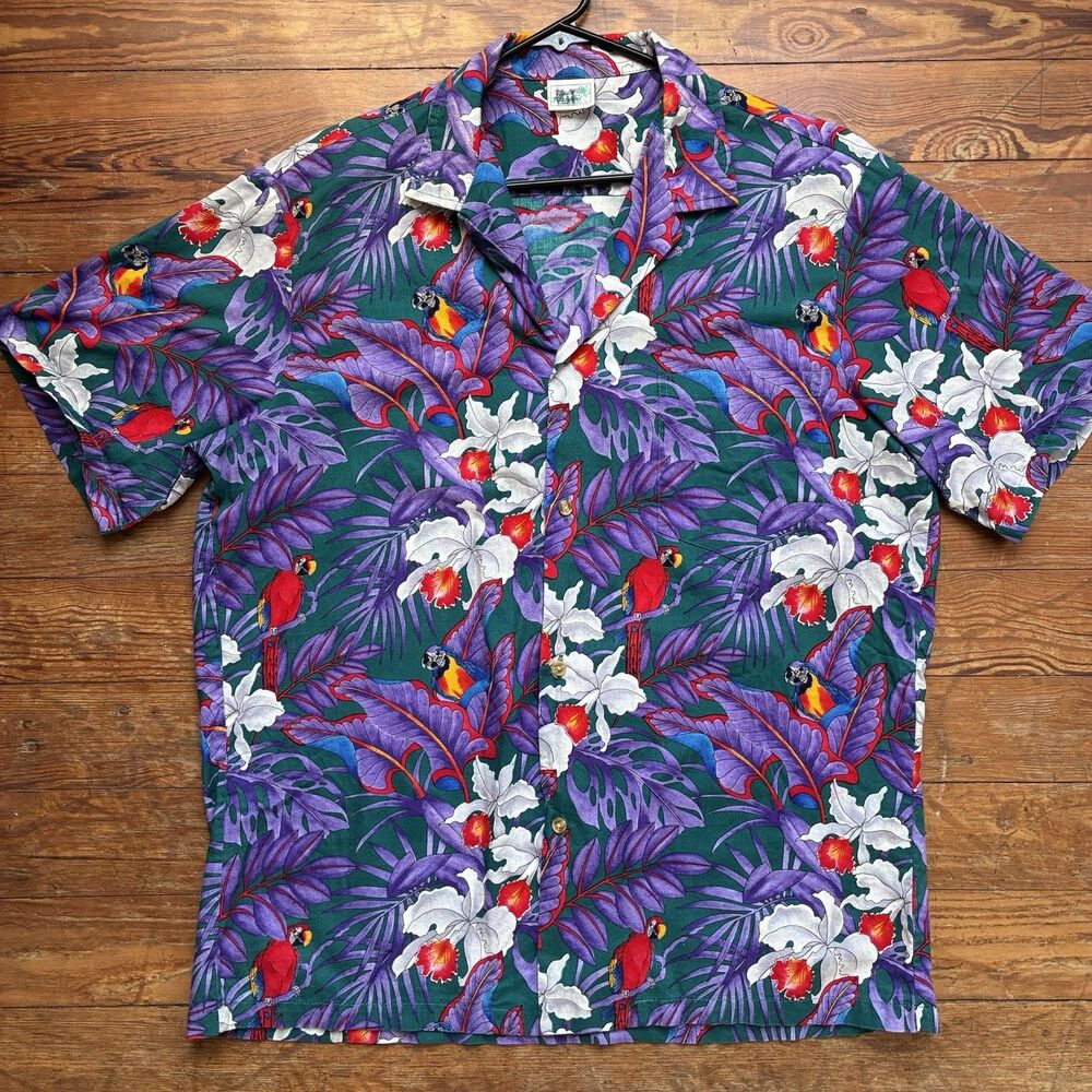 Jade Fashions Hawaiian Shirt Mens L Purple Floral Parrots Birds Cotton Aloha